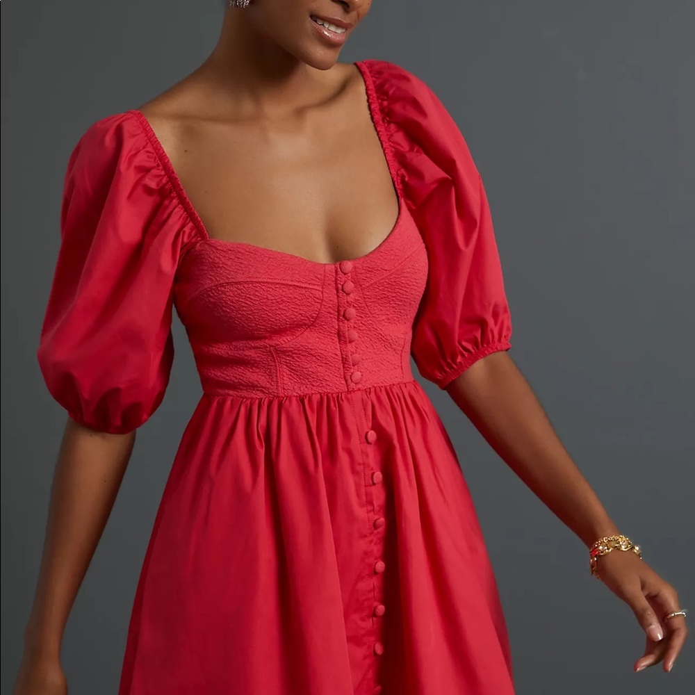 Anthropologie Maeve Puff-Sleeved Sweetheart Mini Dress